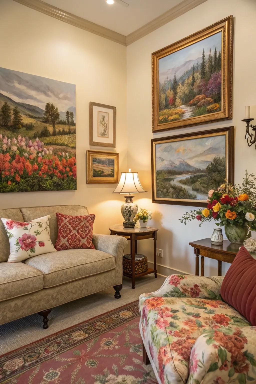 Art exhibiting spring themes amplifies the seasonal vibe.