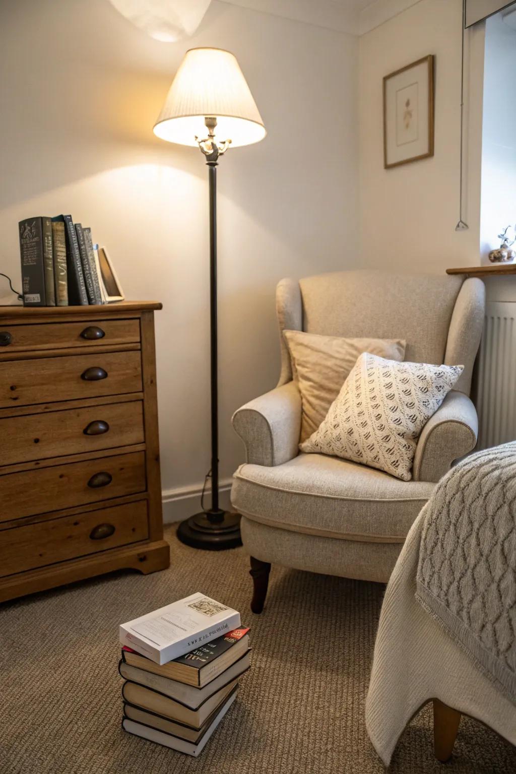 A cozy reading nook in a small area.