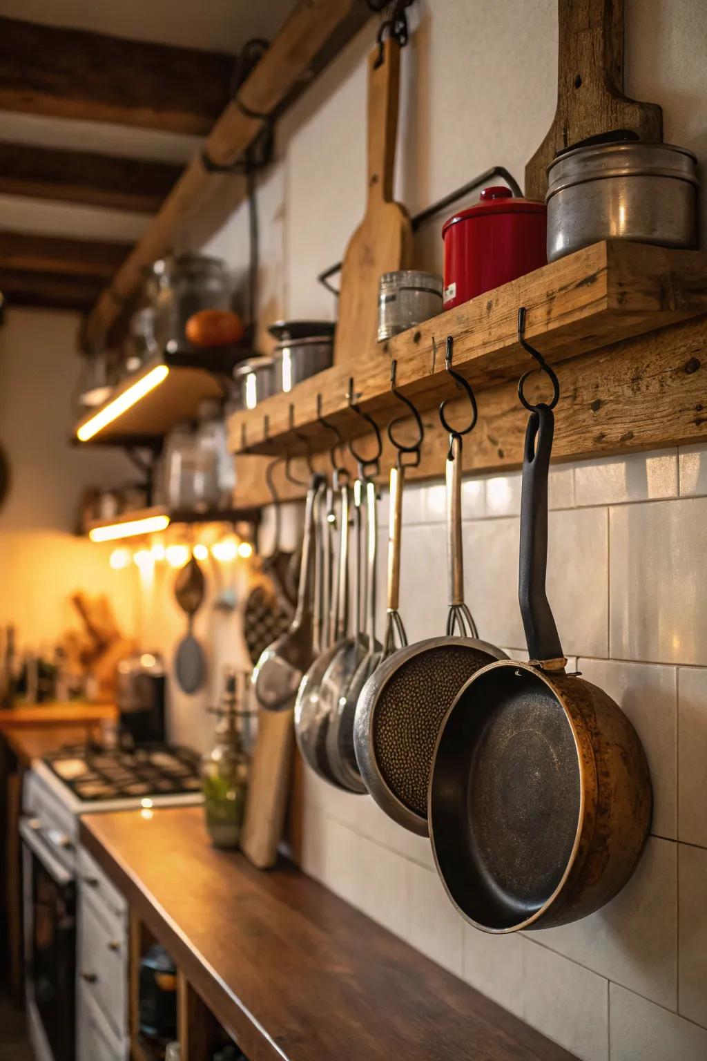Pot rack functioning as both storage and decorative piece.