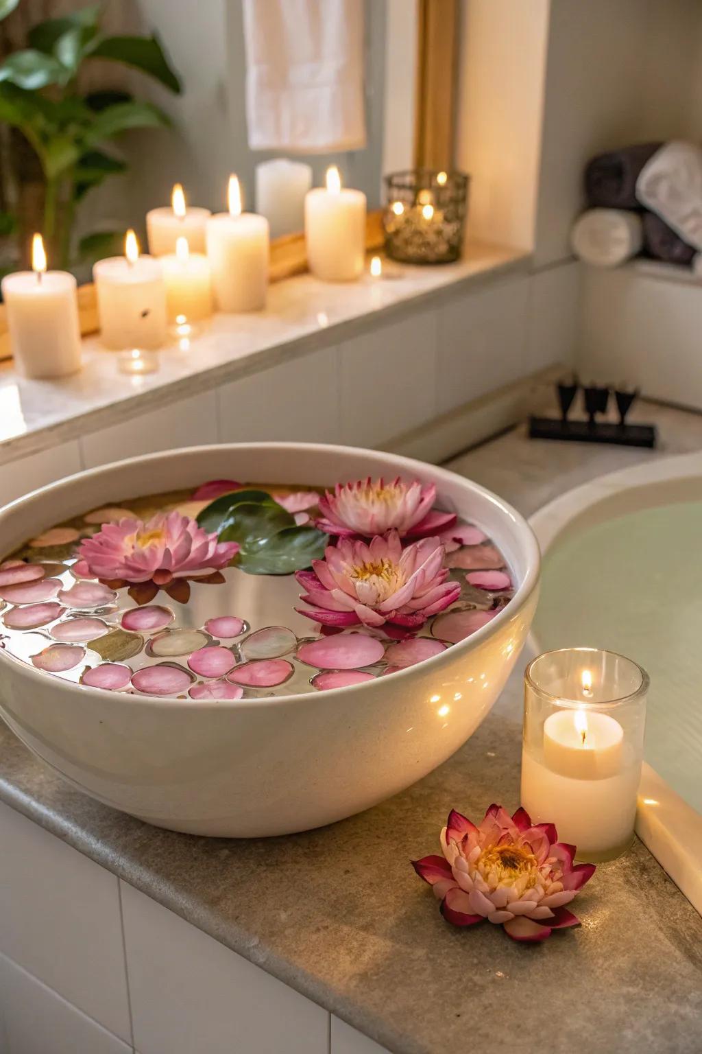 A serene suspended floral arrangement within a lavatory environment.