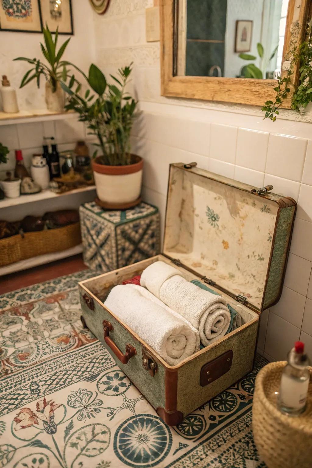 An antiquity trunk adds charm and function to towel storage.