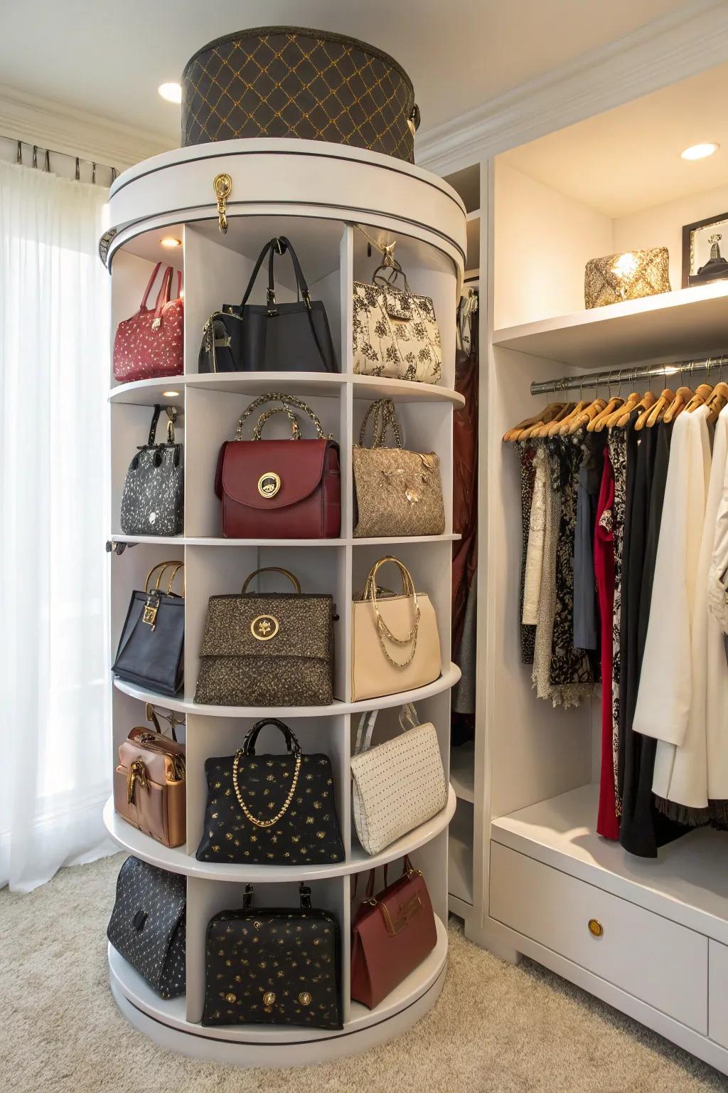 A rotating closet organizer offering easy access to a well-organized purse collection.