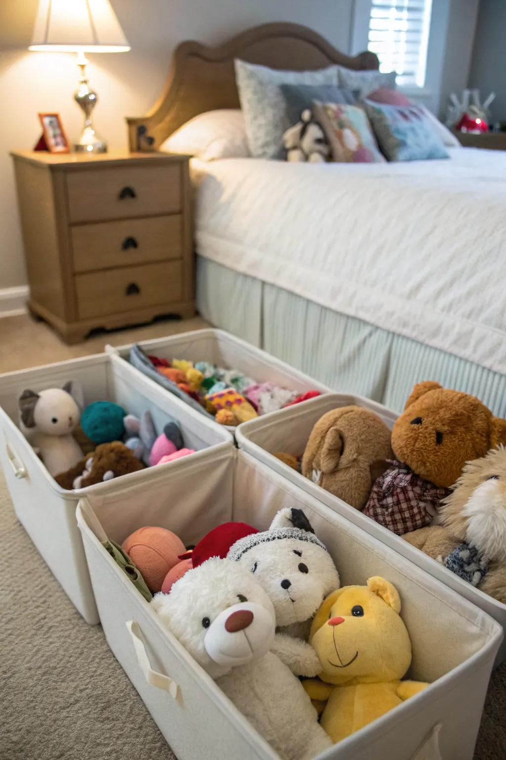 Below-bed storage is perfect for maintaining seasonal toys arranged.