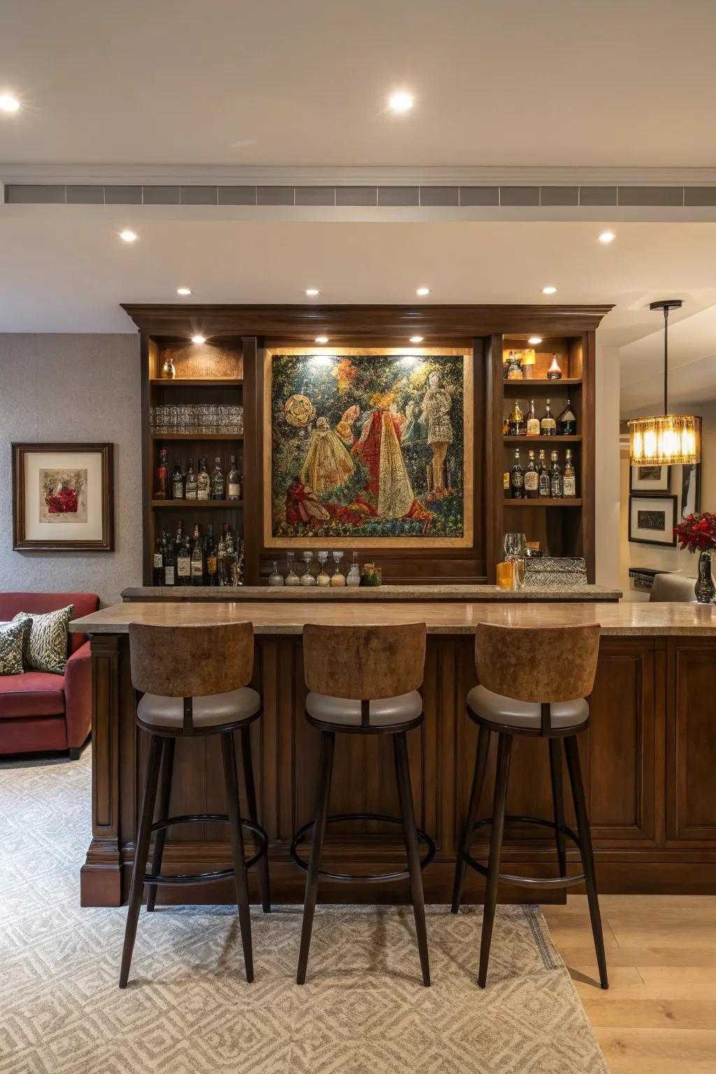 Artwork brings focus and distinction to your home bar.