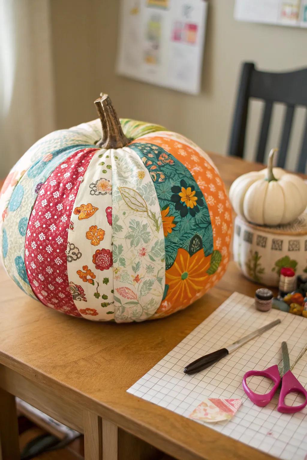 A fabric decoupage pumpkin that incorporates texture and color into the mix.