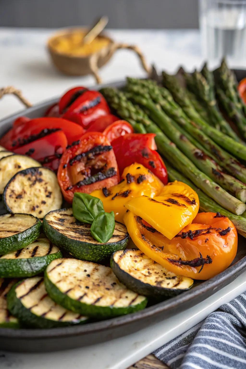 Assorted grilled vegetable plates are a refreshing and tasty addition to indoor BBQs.