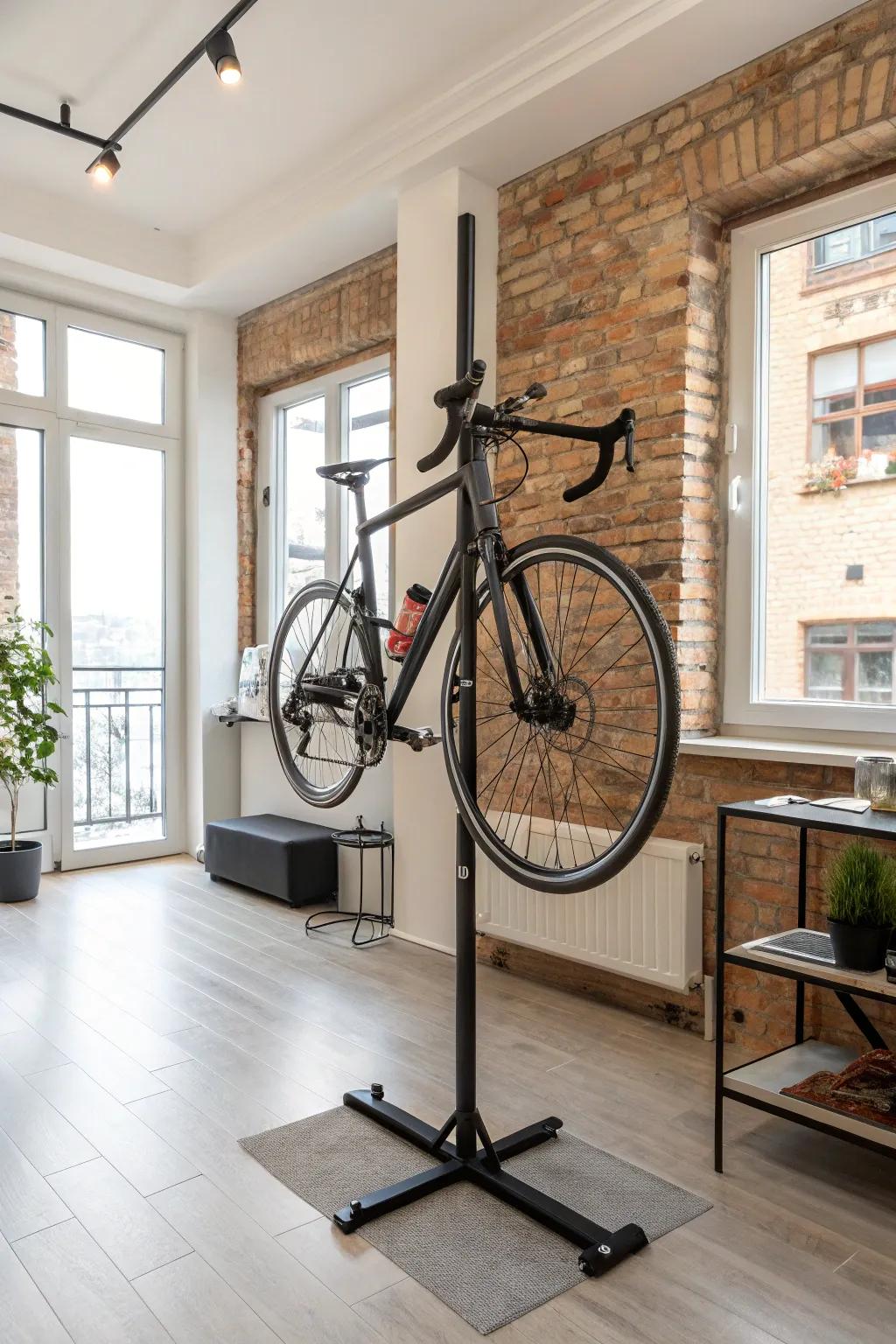 A freestanding vertical rack offers a portable bike storage solution.