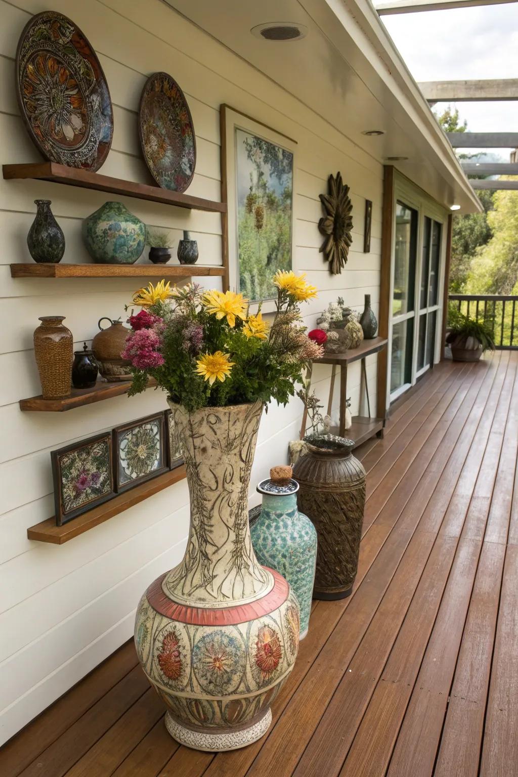 Ornamental vases and artwork items individualize this indoor deck.