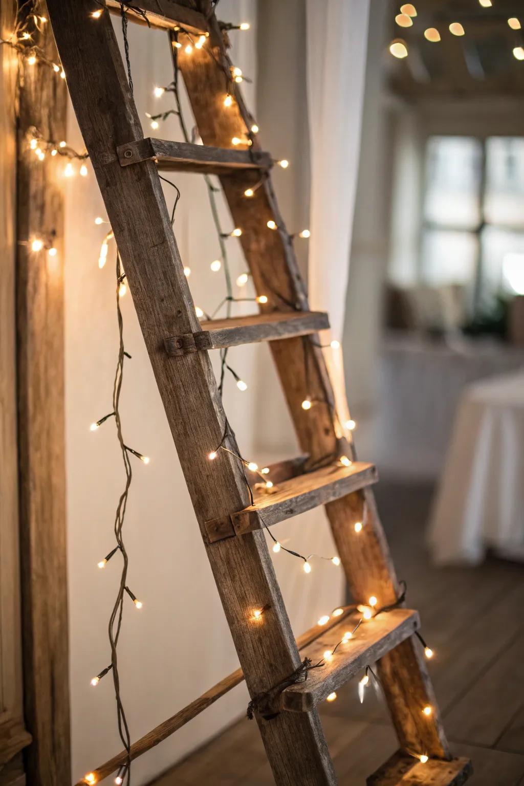 A rustic ladder adorned with fairy lights will add charm to any space.
