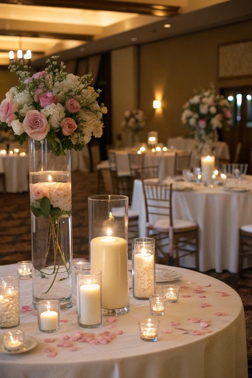 Floating candles create a stunning centerpiece for the wedding.