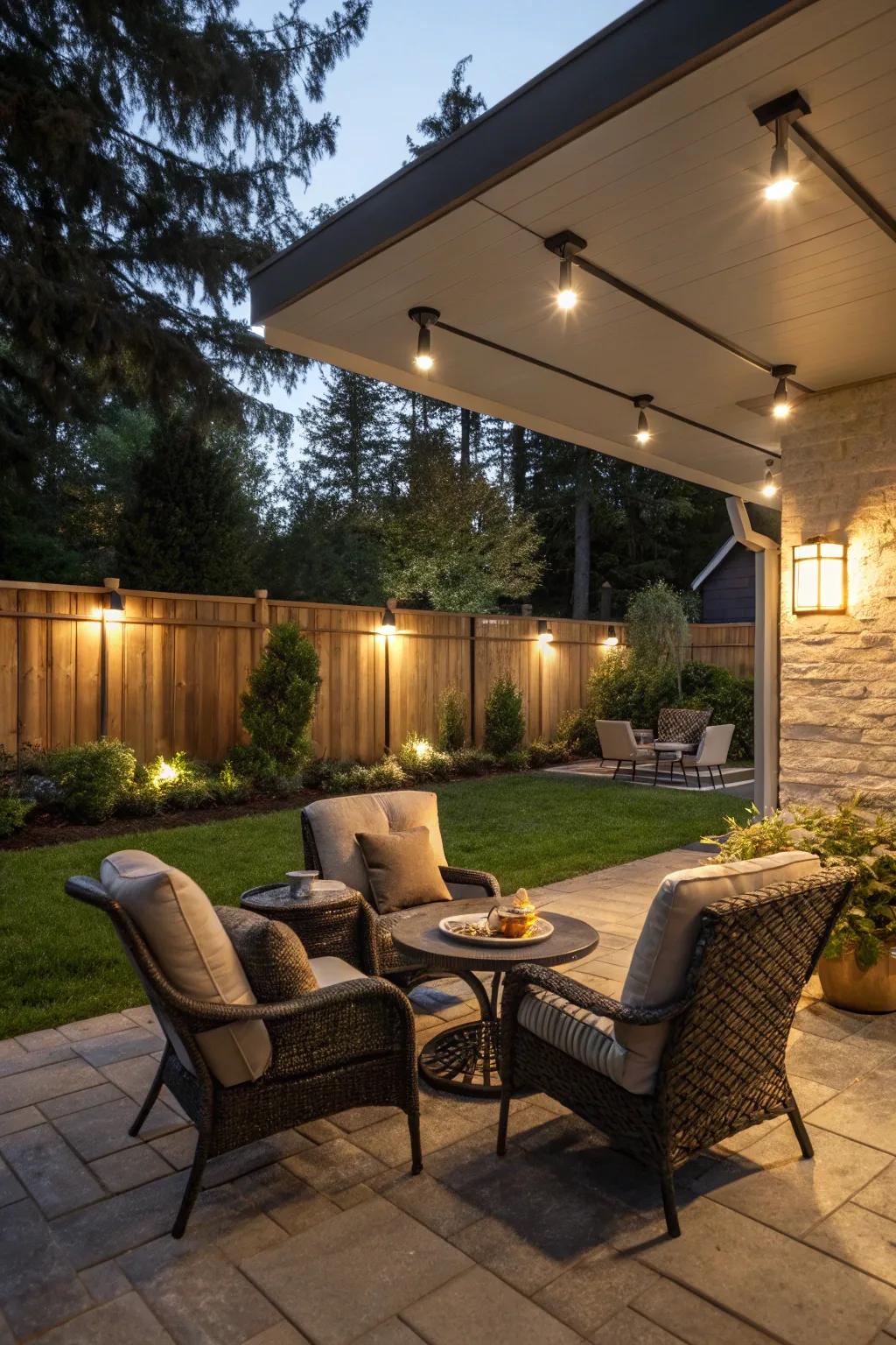 Outdoor retreat featuring industrial LED wall sconce lighting