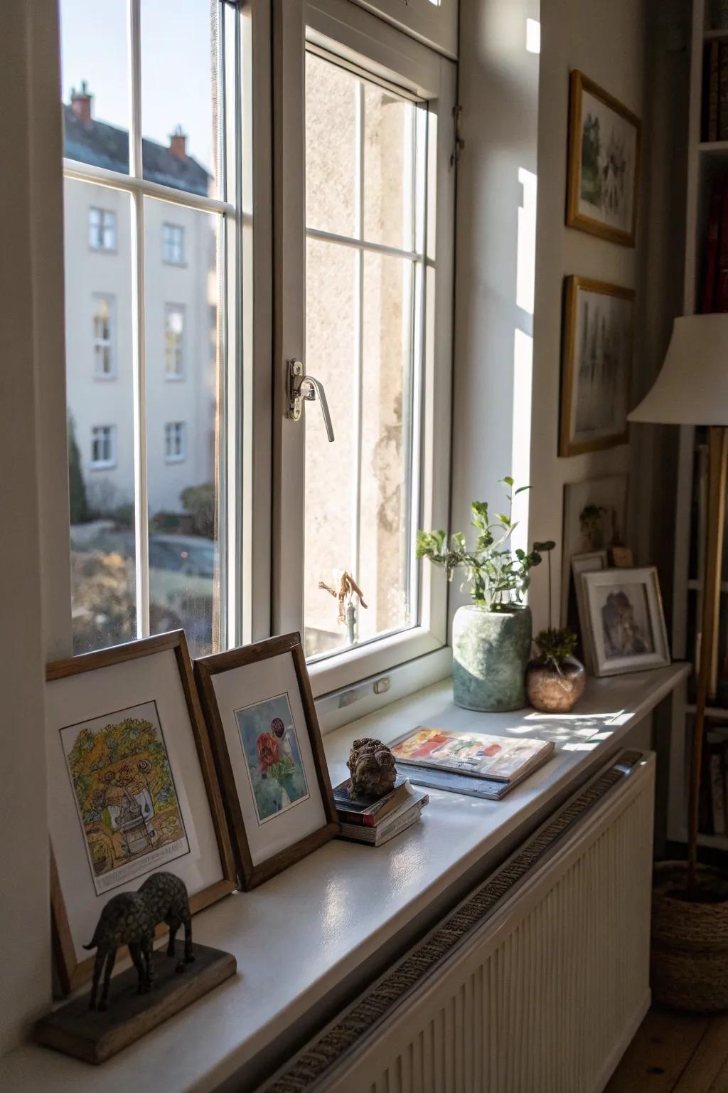 Cultivate a gallery-like atmosphere through art presented atop your sill.