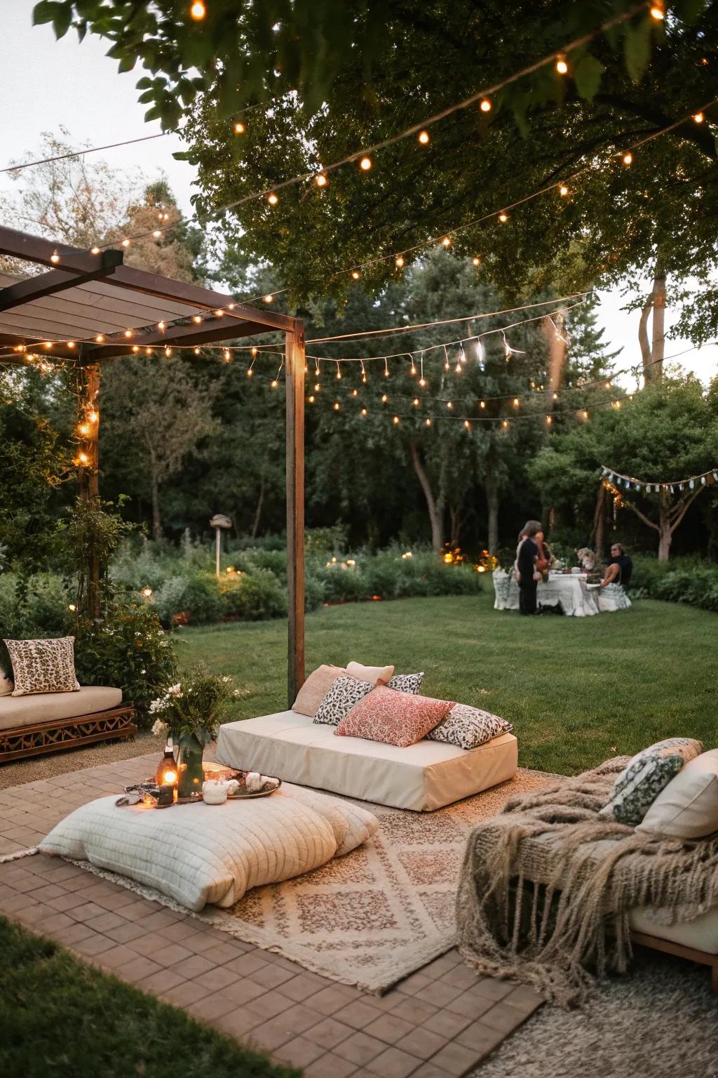 A snug relaxation area entices visitors to unwind and appreciate the evening.