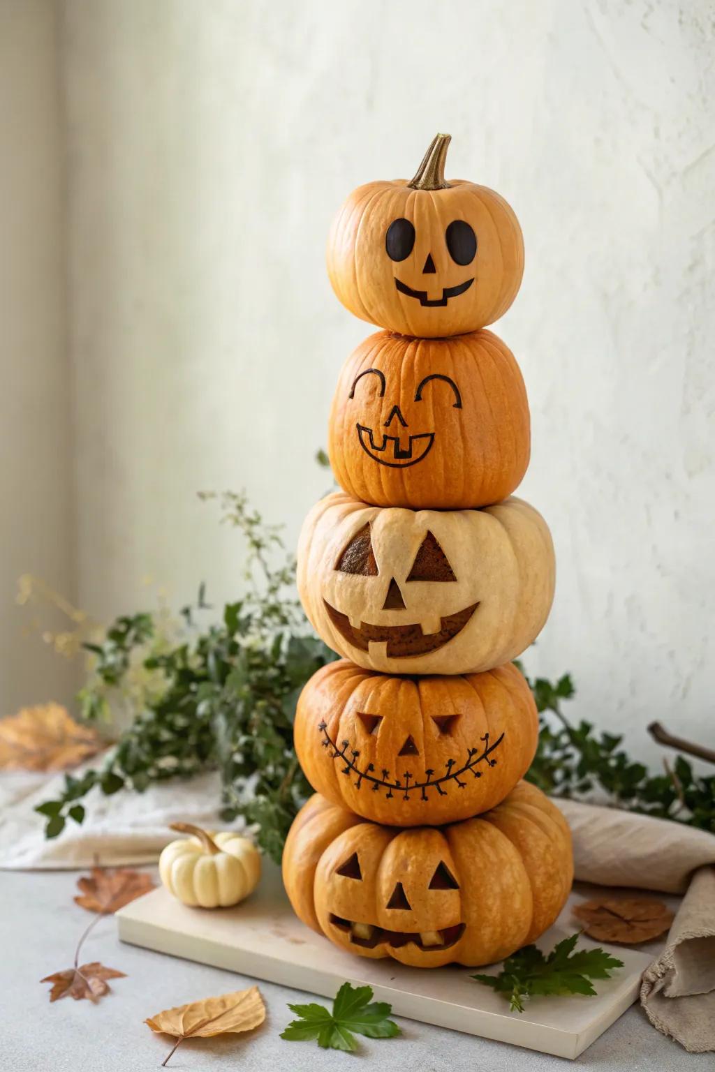 Enhance your Halloween decorations with a charming stack of expressive jack-o'-lanterns!