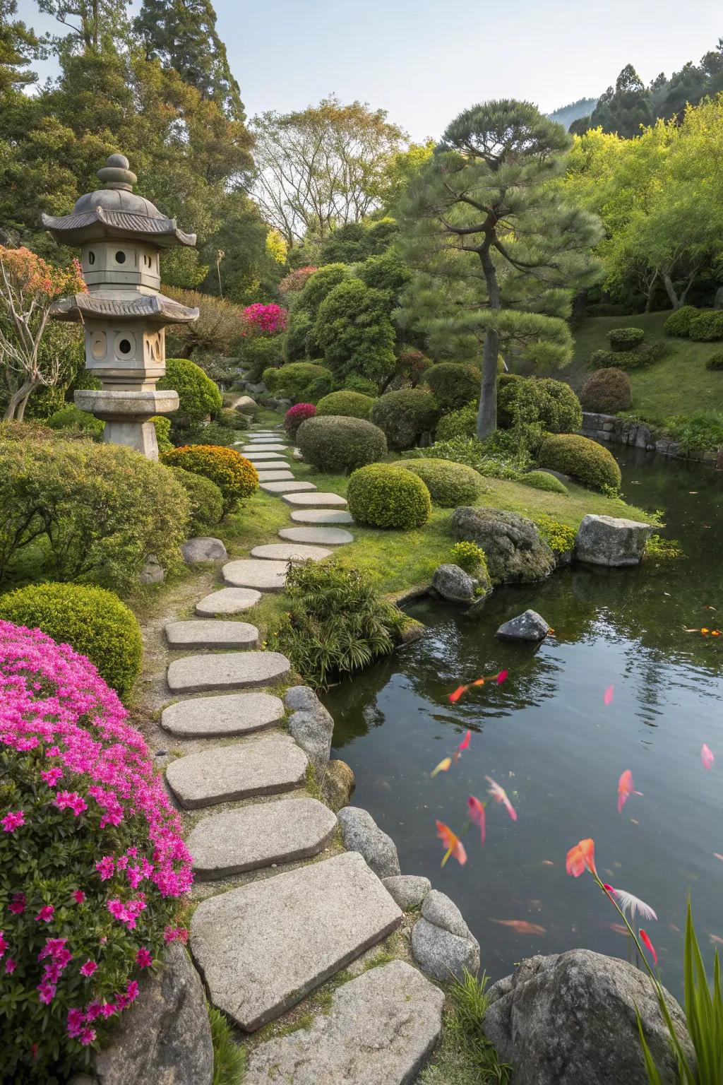 A harmonious amalgamation of natural constituents in a Japanese garden.