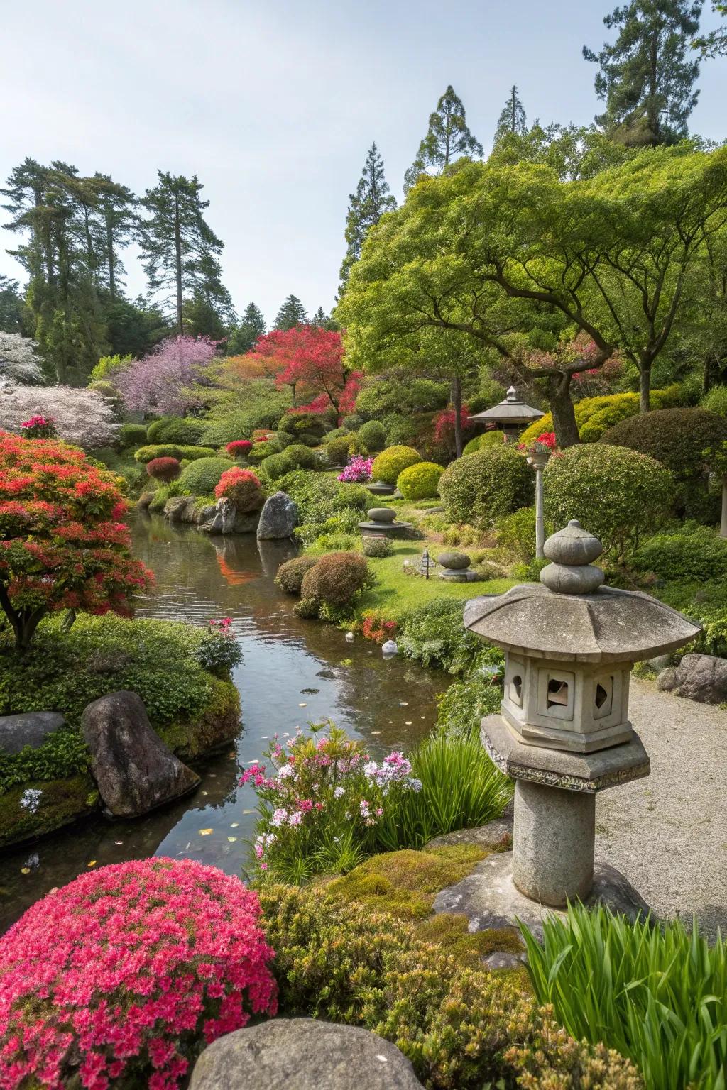 Vibrant seasonal leaves and flowers in a Japanese garden.