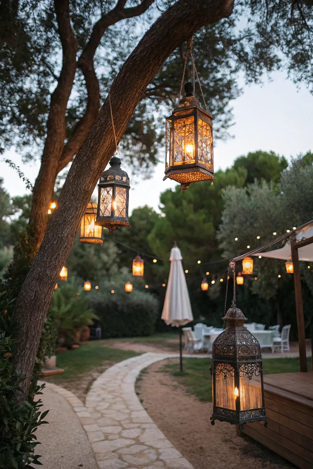 Ornamental lanterns casting a warm glow in an outdoor setting.