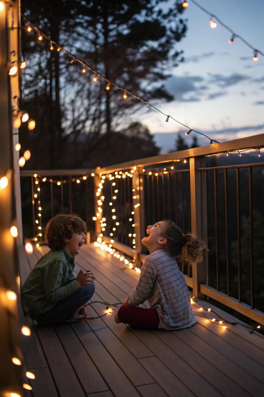 A deck illuminated by solar rope lights at dusk where children are playing.