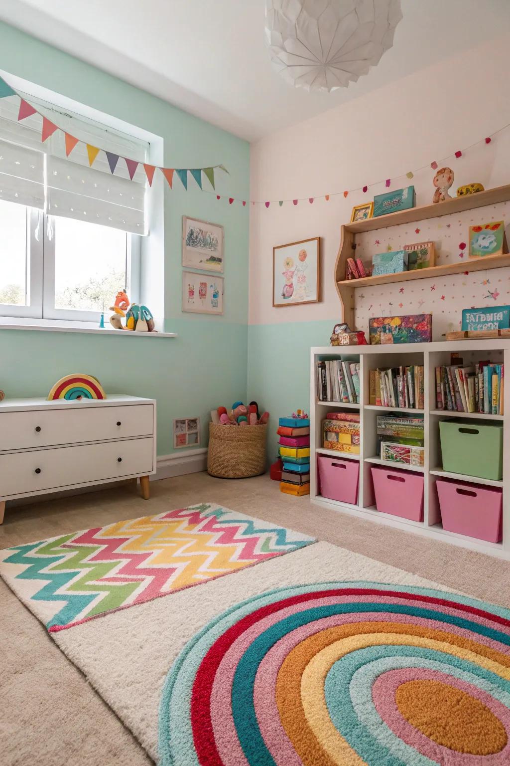 A playful rug incorporating comfort and defining spaces.