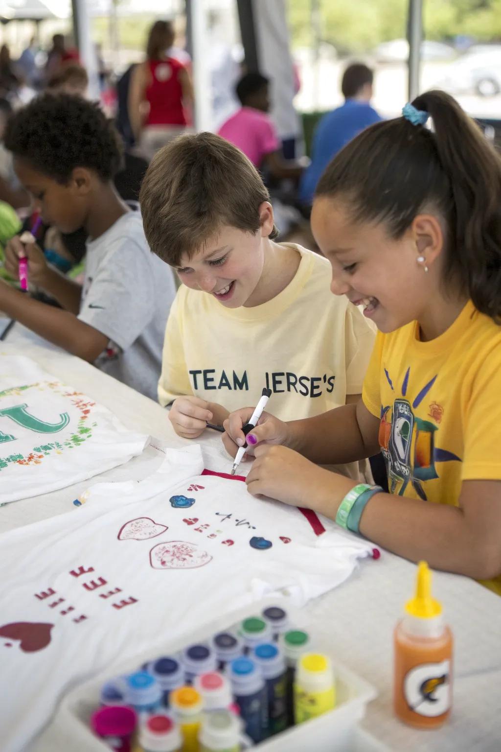 Kids designing their own squad uniforms as a fun activity.