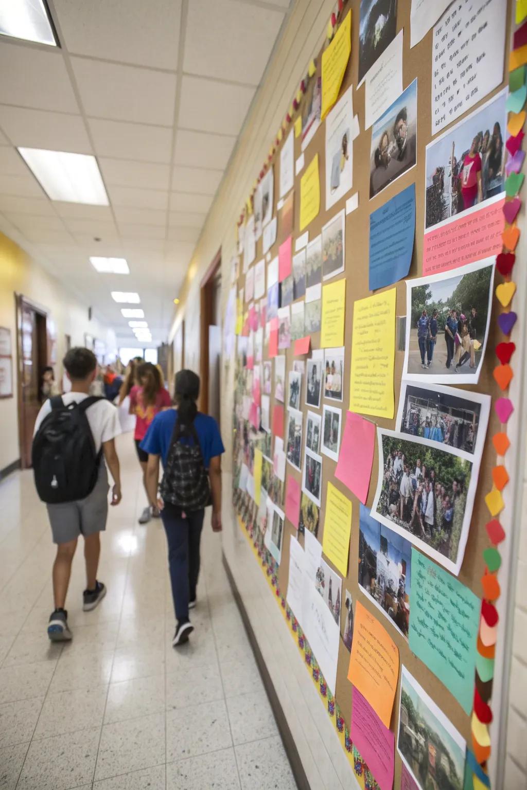 A hallway showcases a kindness timeline featuring photos and notes honoring previous kind acts.