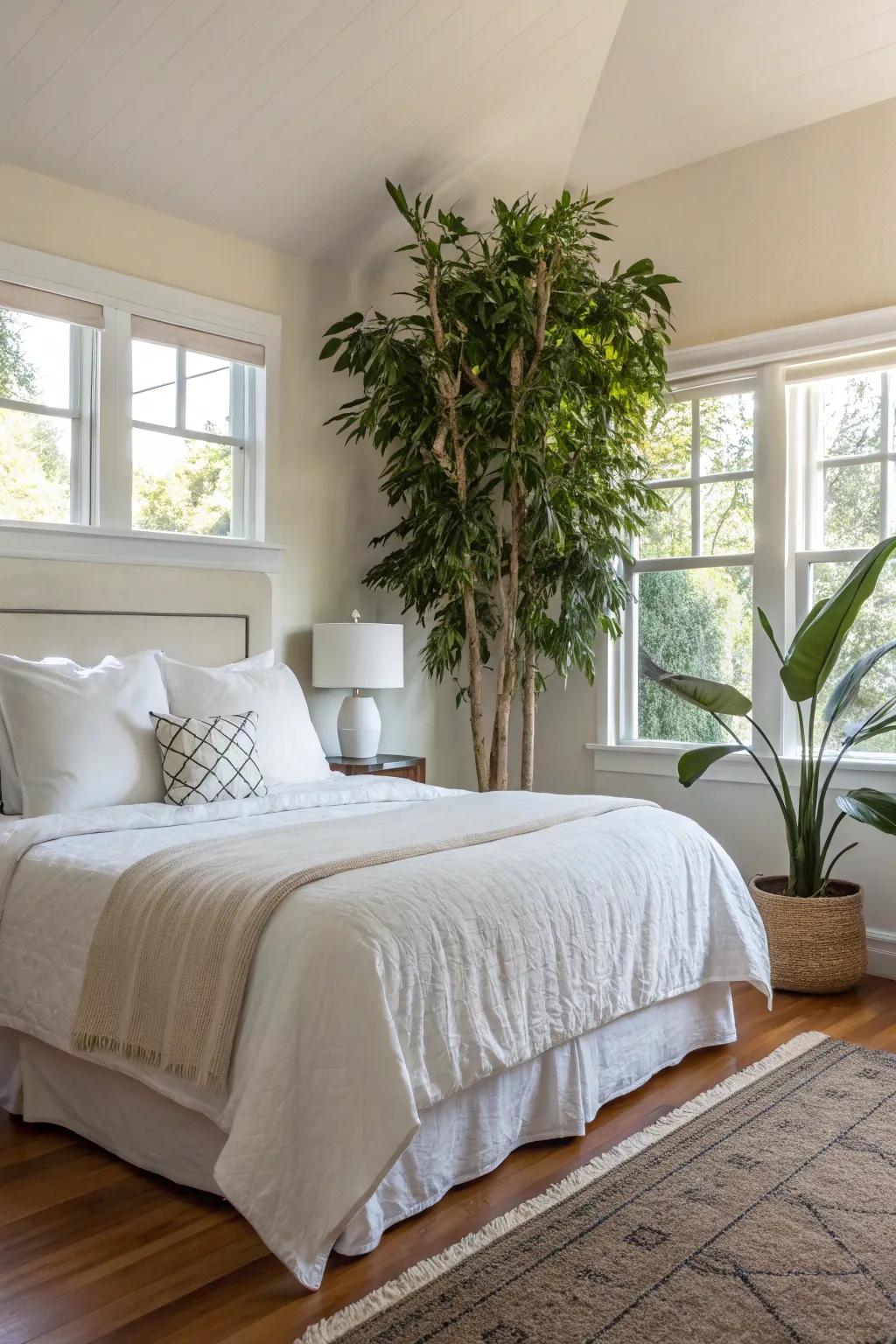 Indoor plants introduce freshness and vibrancy to this king-sized bed area.