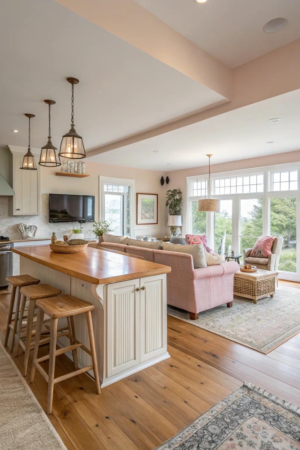 A harmonious color palette unifying cooking and relaxation areas.