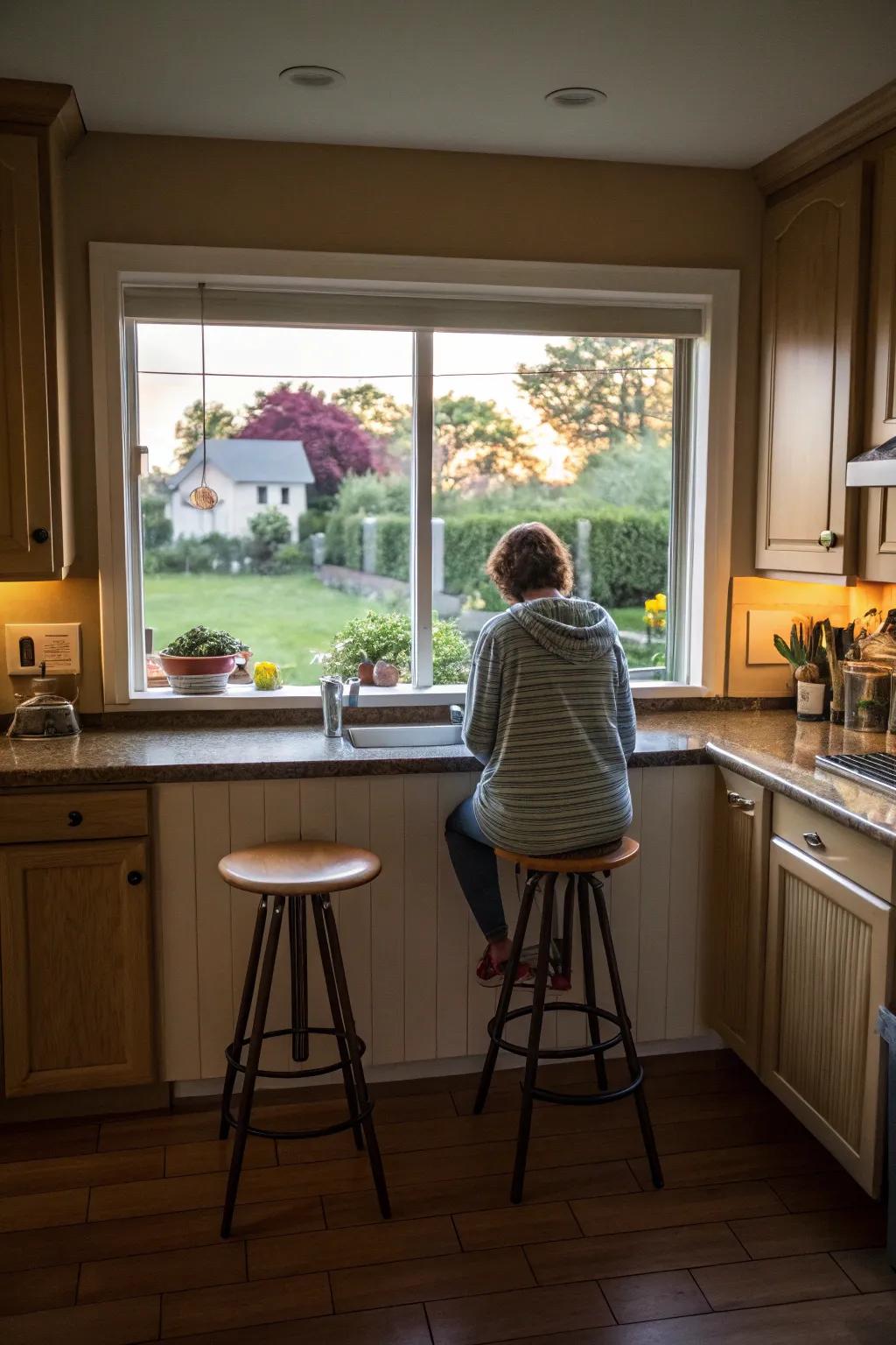 A windowsill bar offers a radiant and cozy dining setting.