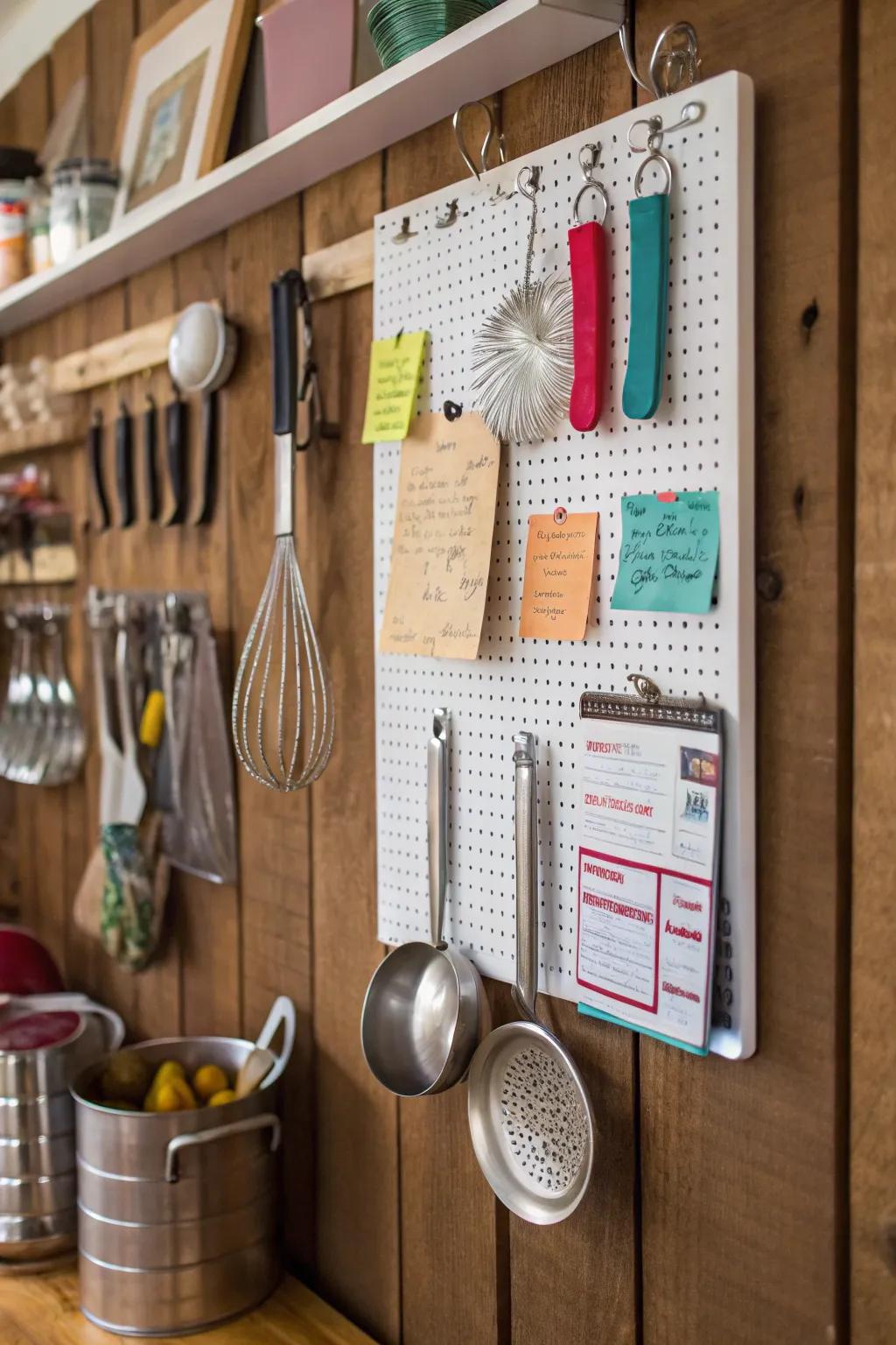 A pegboard provides a customizable and practical space for organizing.