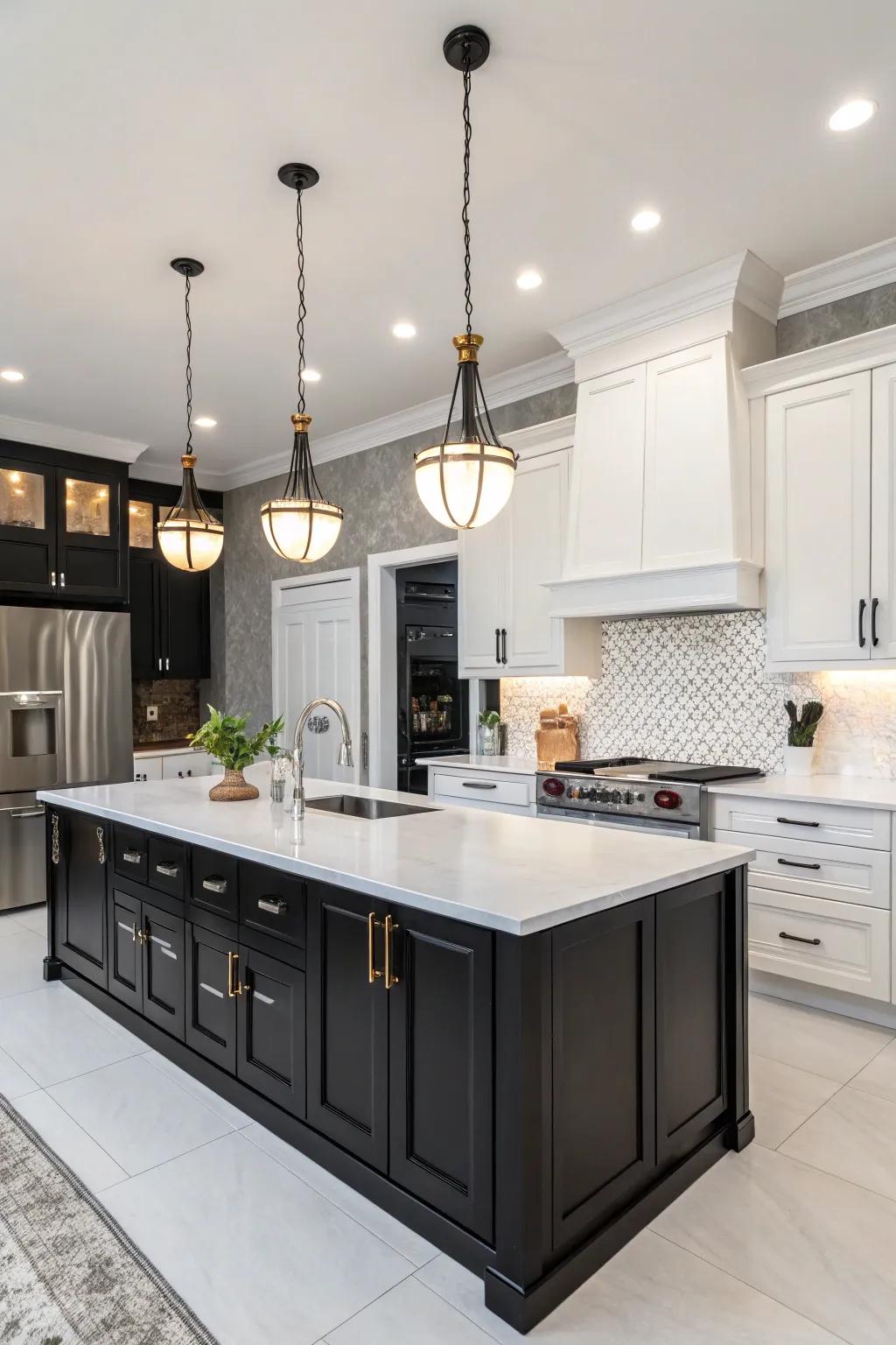 Black and white cabinets fashion a timeless and dramatic kitchen.