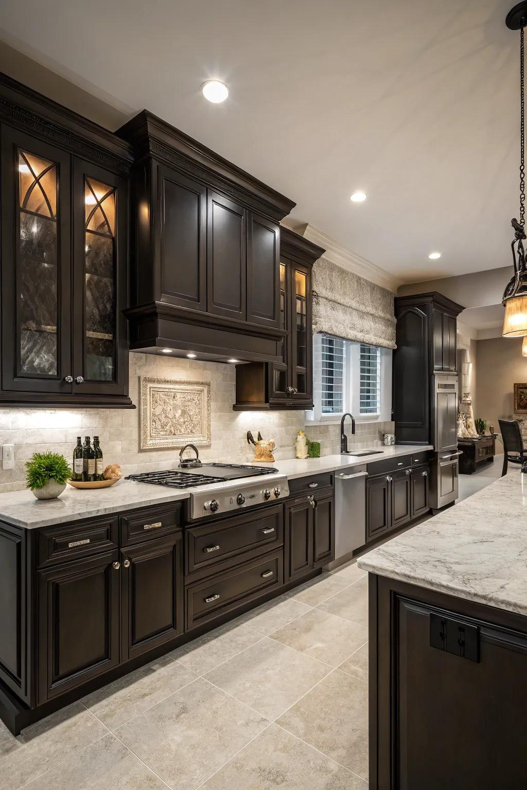 Dark surfaces ensure a dramatic and sophisticated element to cooking area designs.