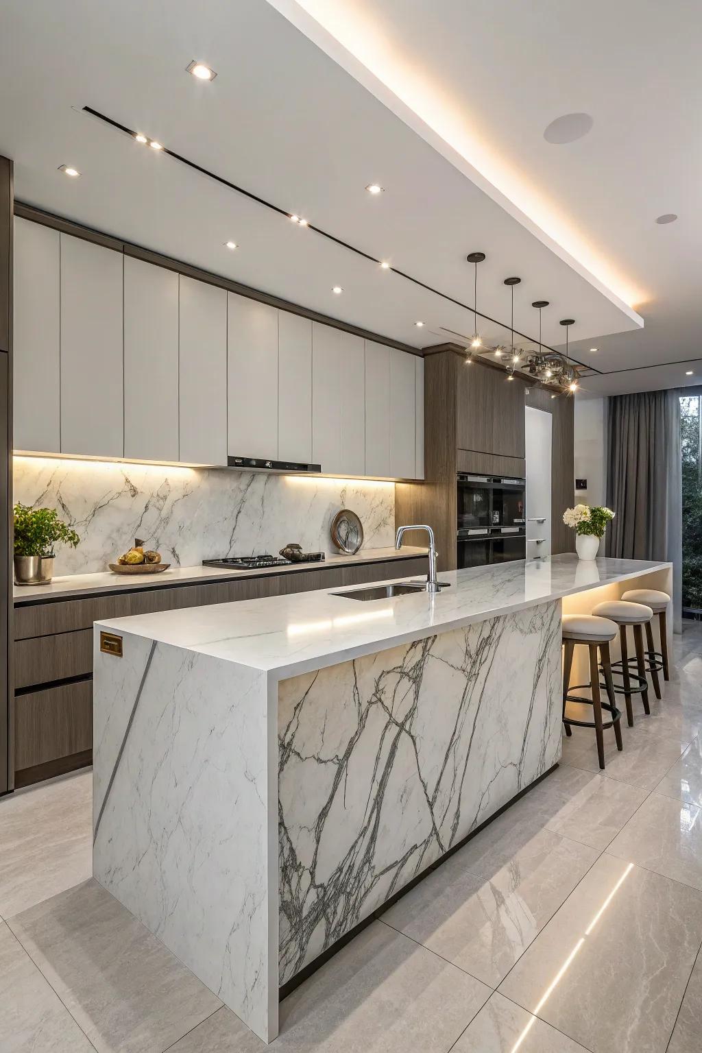 Cascade worktops create a striking focal point.