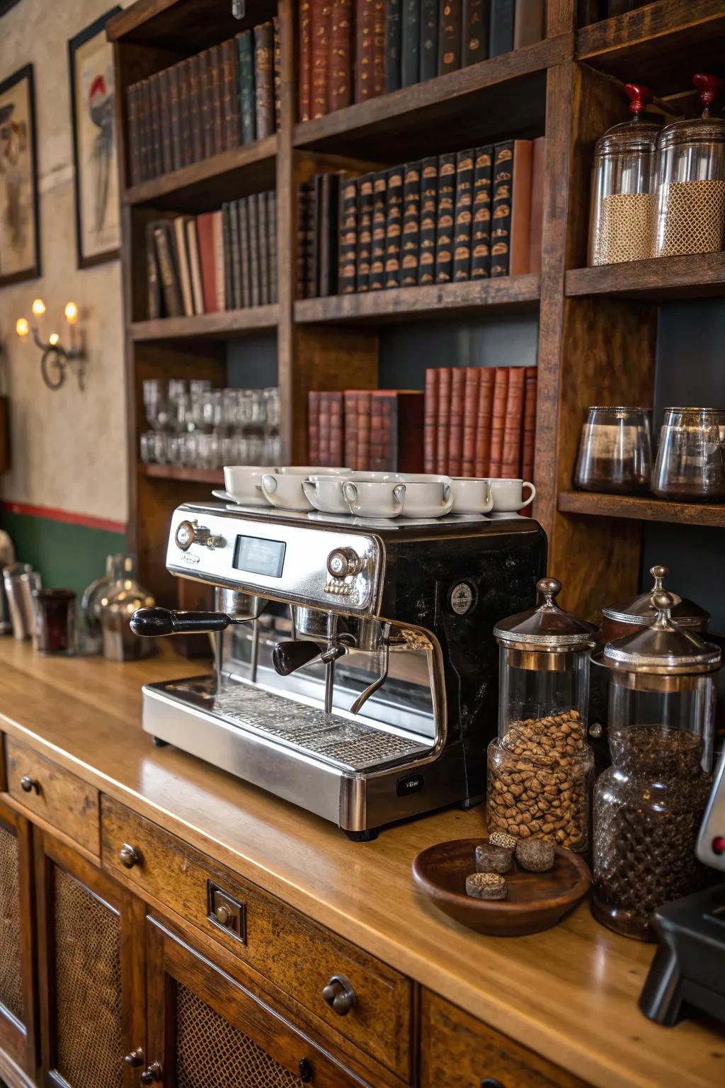 Vintage elements bringing character to a modern kitchen coffee station.