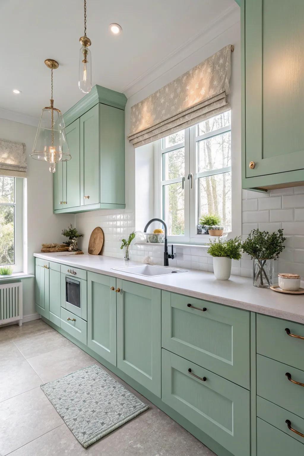 Refreshing emerald tint delivers a playful elegance to the cooking space.