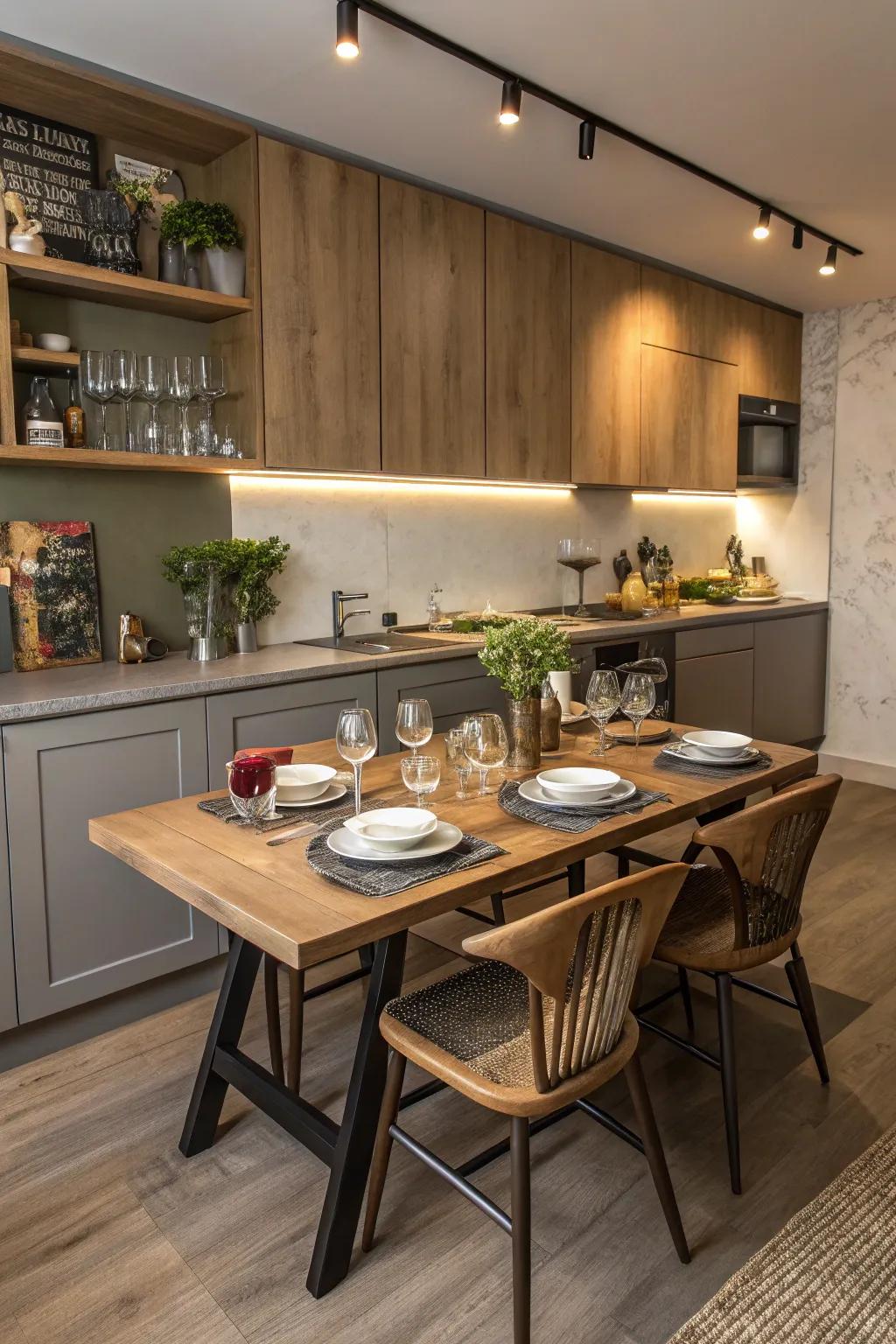 A multifunctional kitchen desk area acting as a social gathering point.