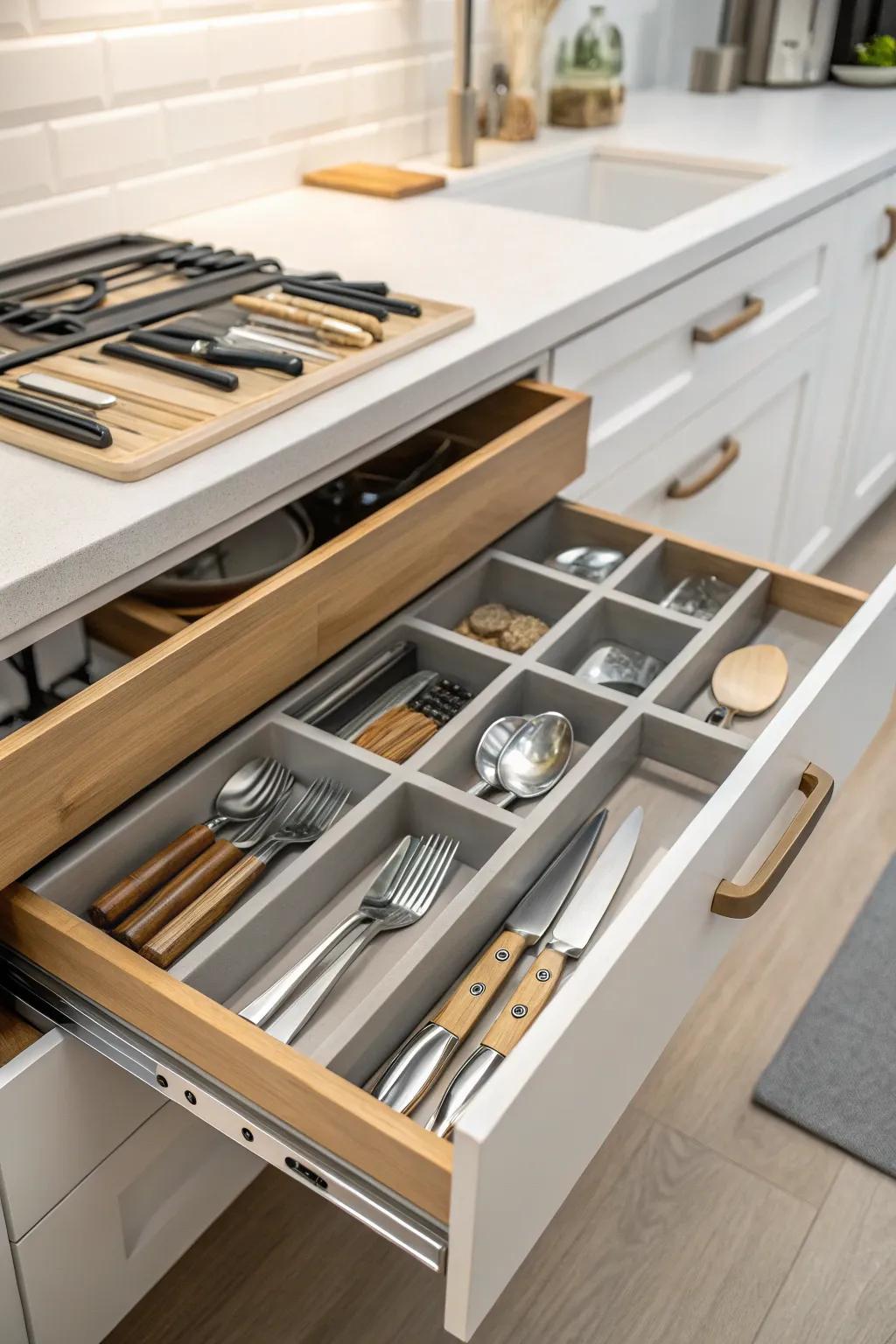 Achieve a perfect fit for your cutlery with custom drawer inserts.
