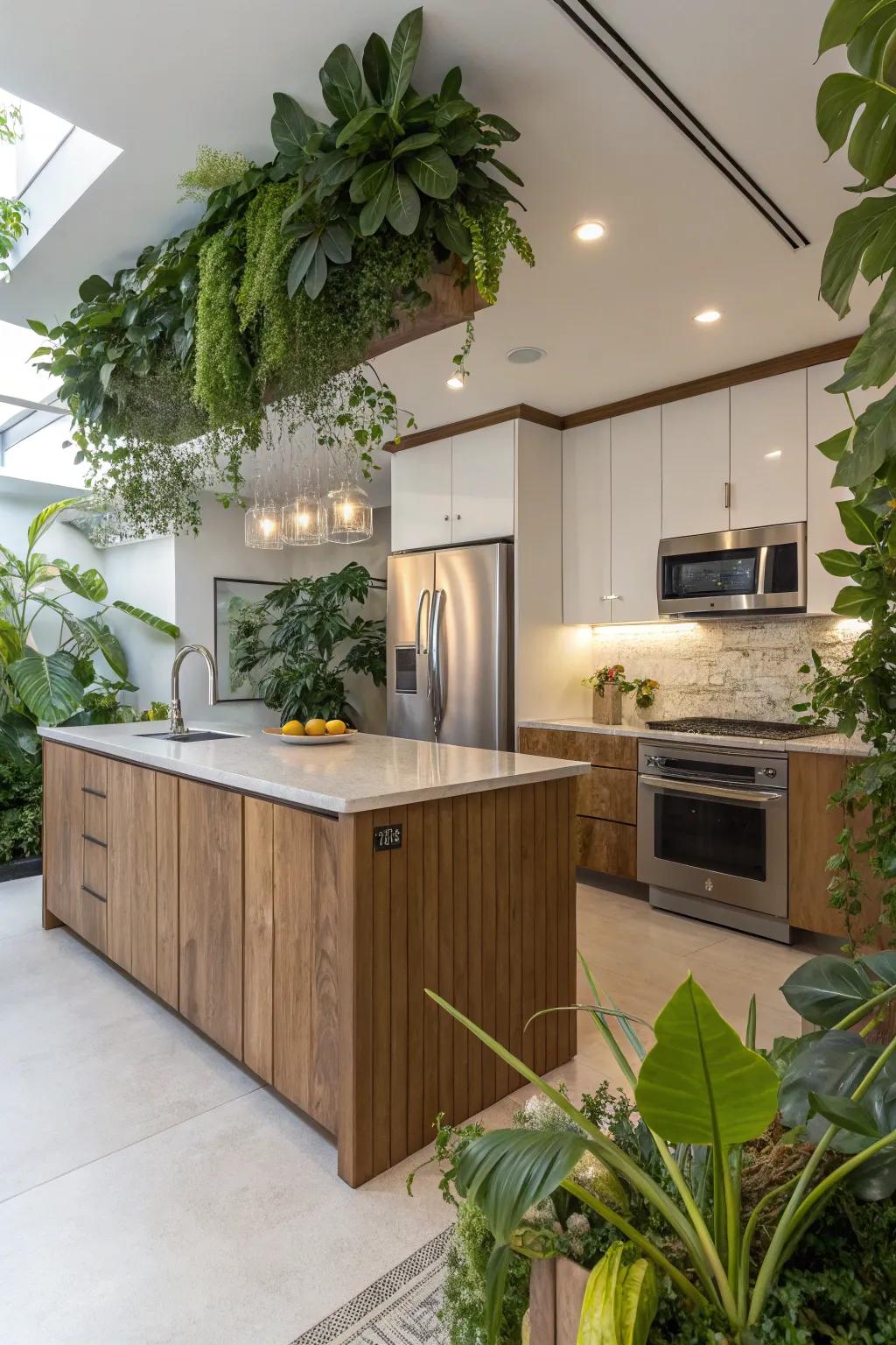 A wood-toned kitchen island introduces warmth and a natural touch to the contemporary kitchen.