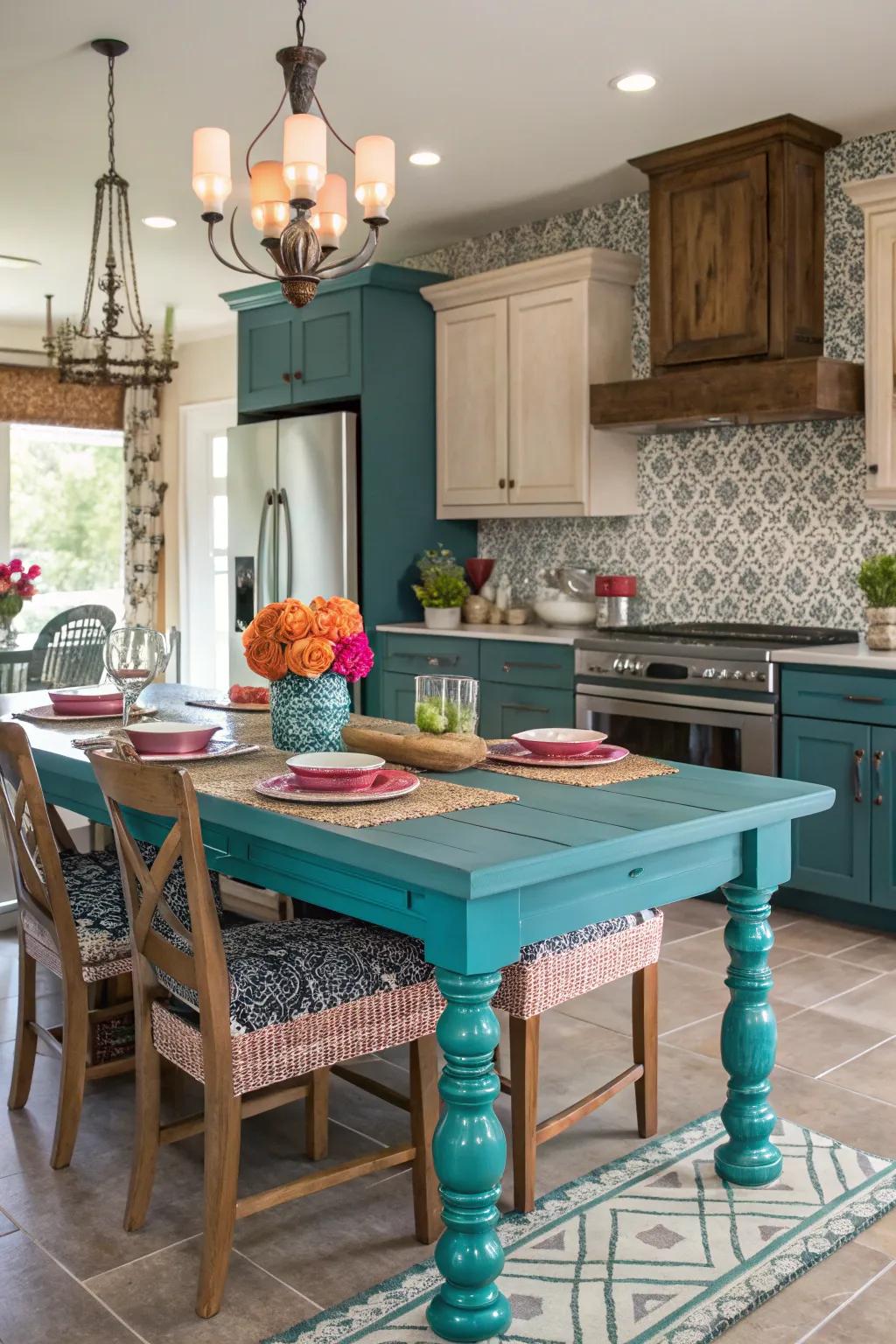 Bold color choices create a lively kitchen atmosphere.