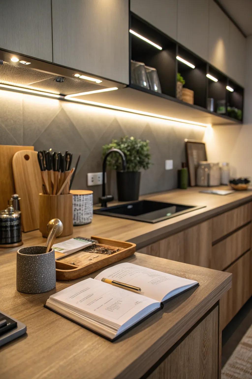 Under-cabinet lights brighten the kitchen workspace effectively.