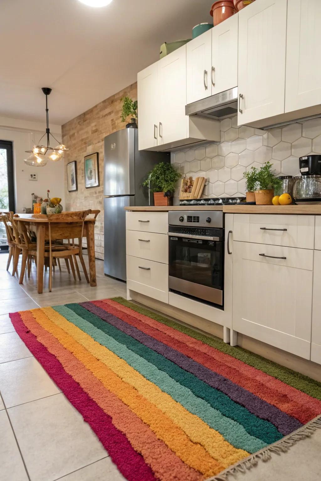 A sudden burst of color in your rug can bring cheerfulness and identity to your kitchen.