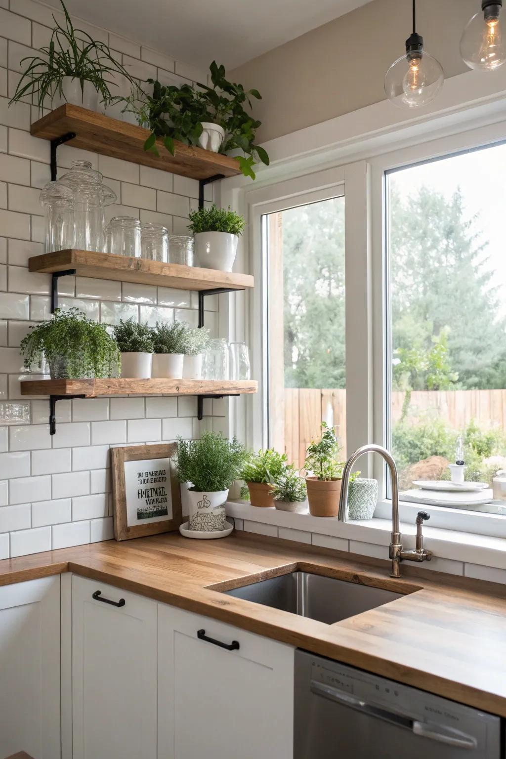 Floating shelves positioned across windows for extra light.