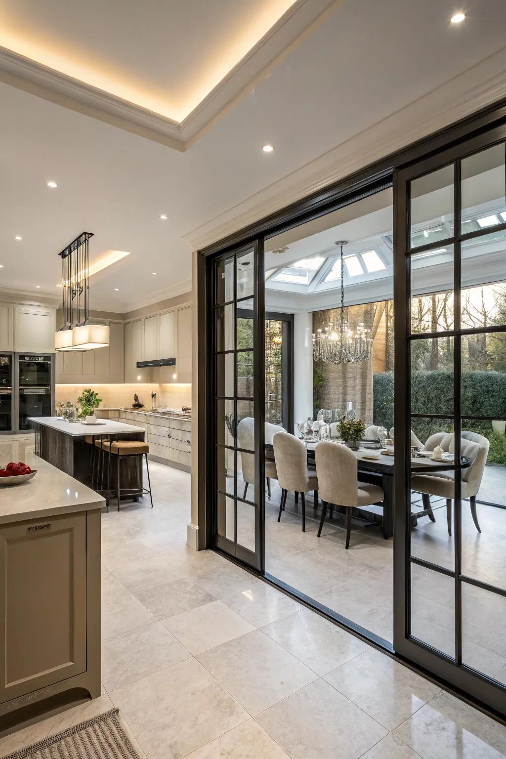 Sliding doors provide versatile options for opening or closing the kitchen space.