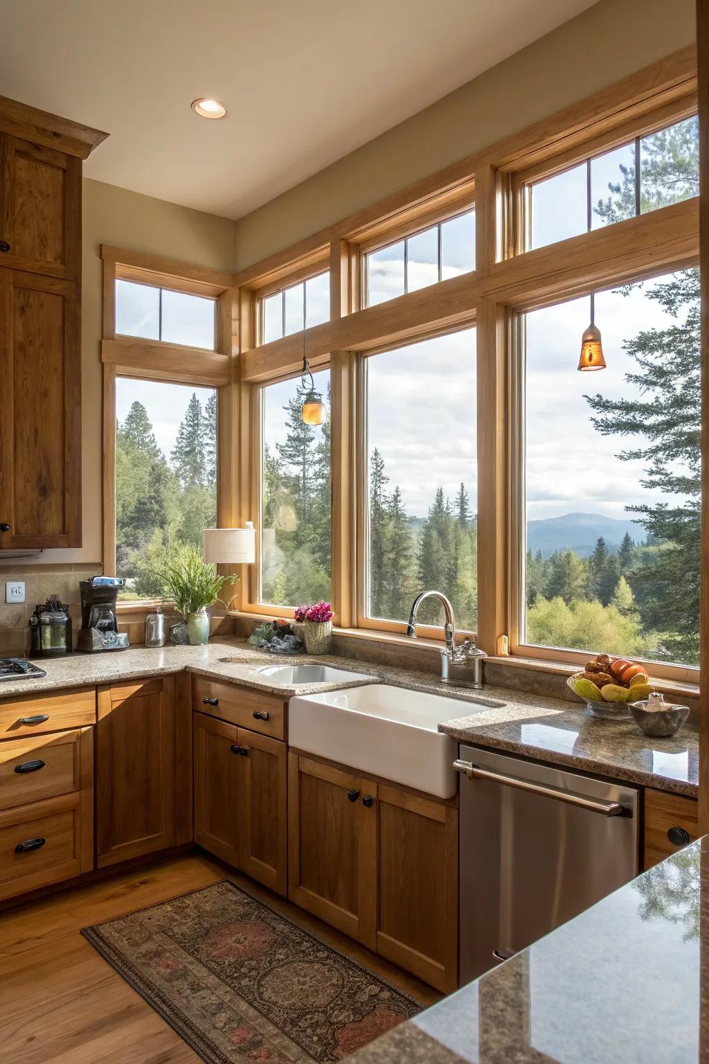 An open kitchen is decorated with angled windows that provide dual views.