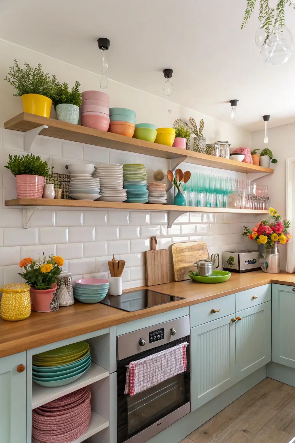 Color-matched racks create a balanced kitchen aesthetic.