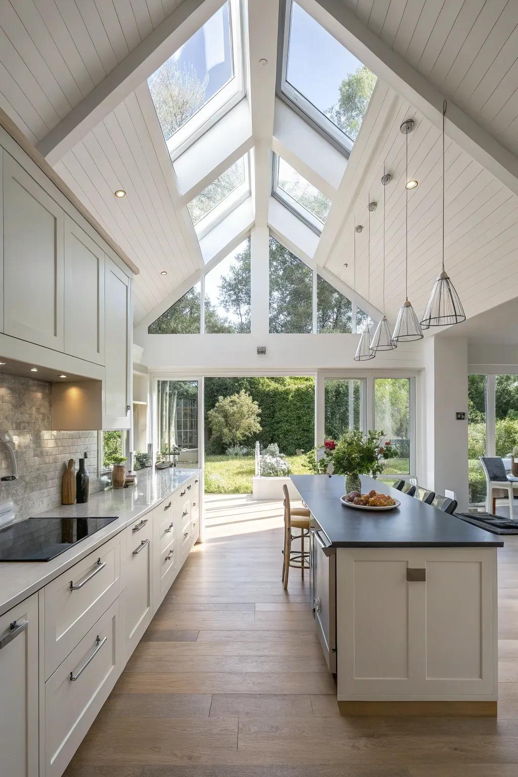 Upper-wall windows brighten this modern kitchen featuring a vaulted ceiling.
