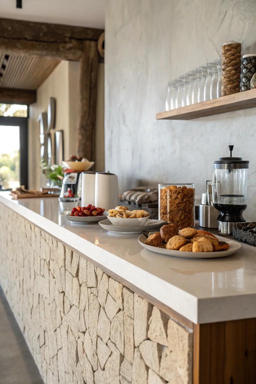 Contrasting surfaces highlight a breakfast bar with a smooth countertop and textured wall.