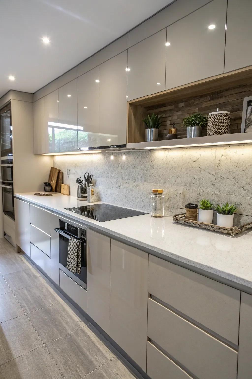 Smooth integration of quartz worktops and backsplash.