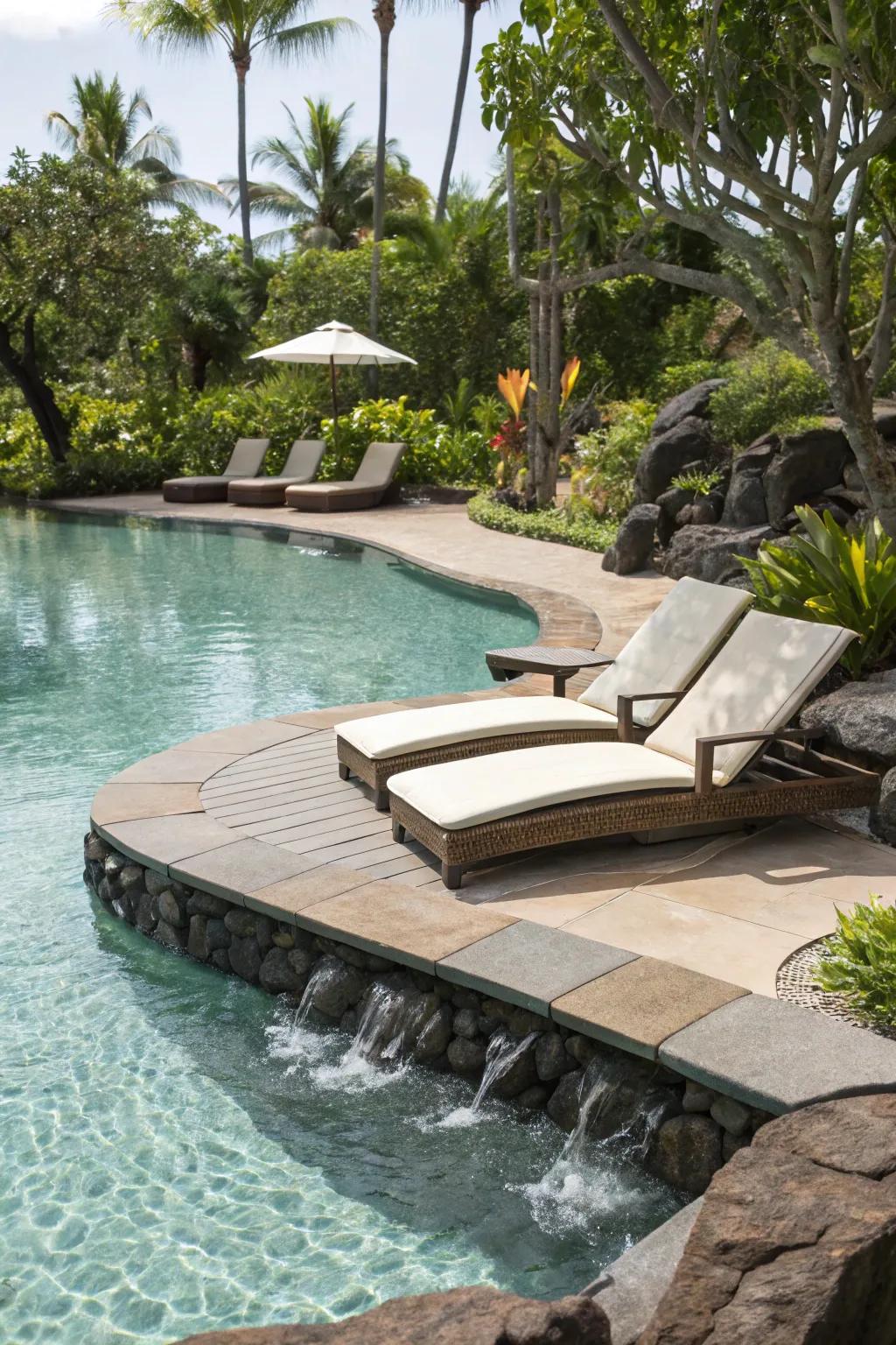 Lounging ledges provide a relaxing space to relax in lagoon pools.