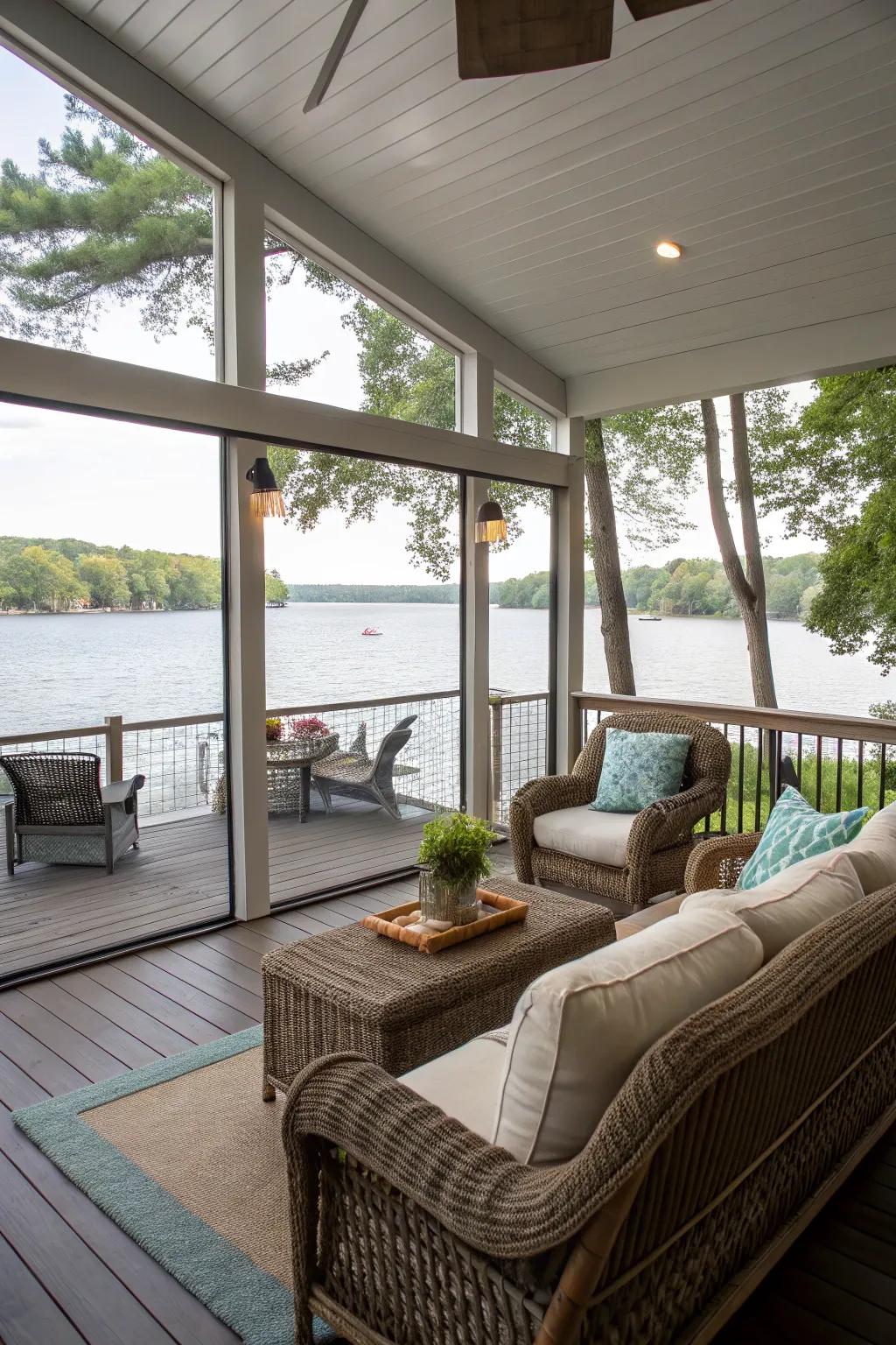 A screened-in veranda offering a bug-free outdoor experience.