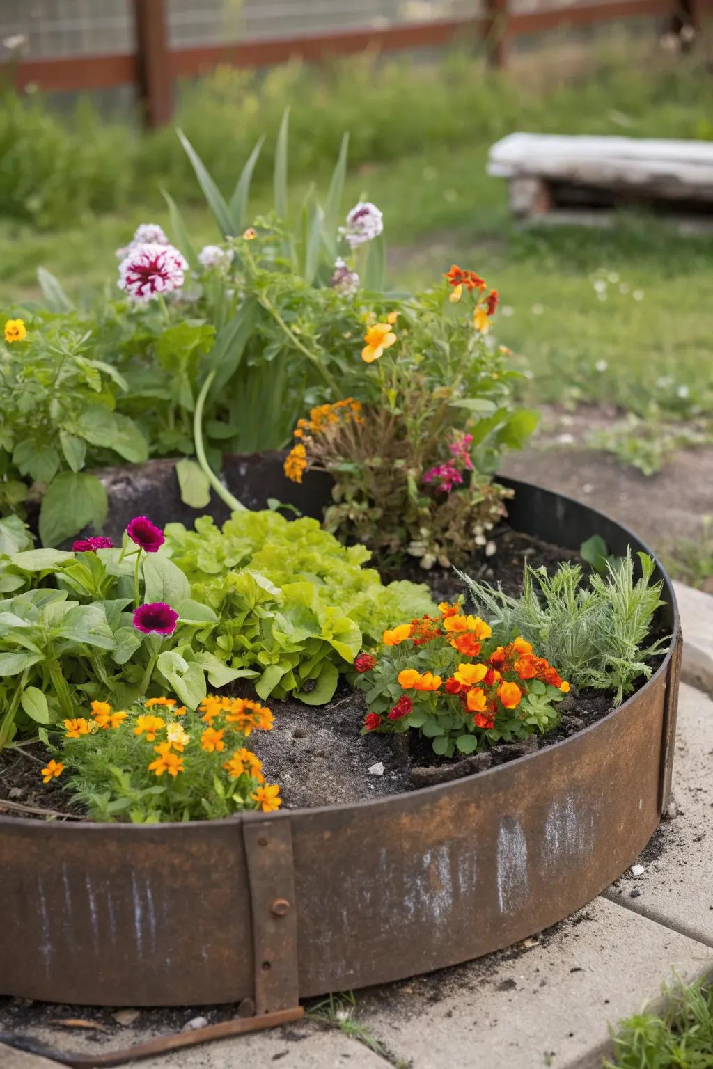 Metal heating rings create unique, stylish round raised beds.
